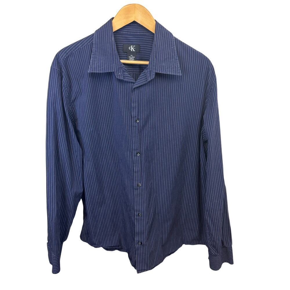 CALVIN KLEIN Navy Striped Cotton Long Sleeve‎ Button Down Dress Shirt Men's XL